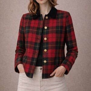 Talbots P 100%Wool Red&Green Plaid Blazer Gold Crest Buttons Size 2P Made in USA